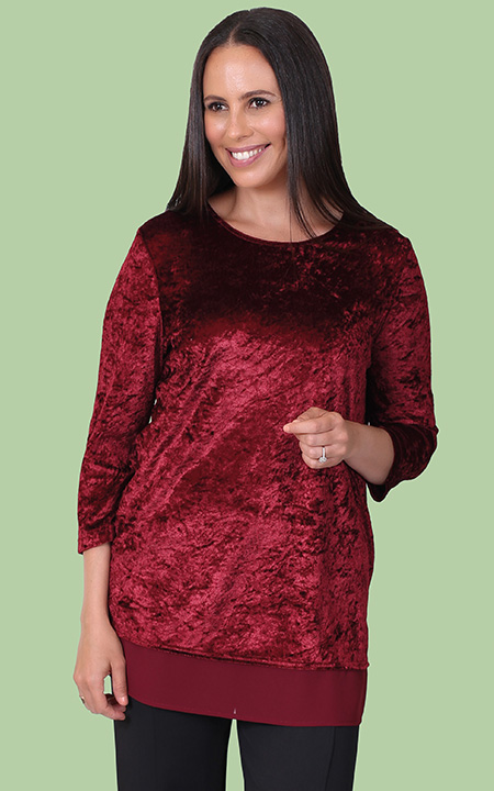 Panne Velour Top with Chiffon Trim