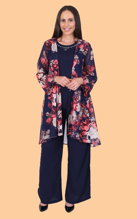 Health Pride - Floral Jacket with Beaded Shell and Palazzo Pants
